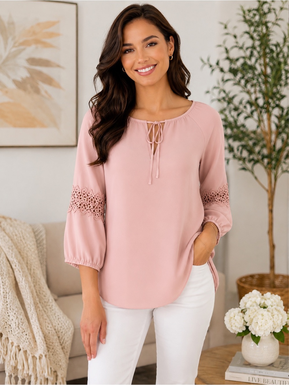 By Design NWT Blush 3/4 Sleeve Tie front Blouse with crotchet detail on Sleeves.